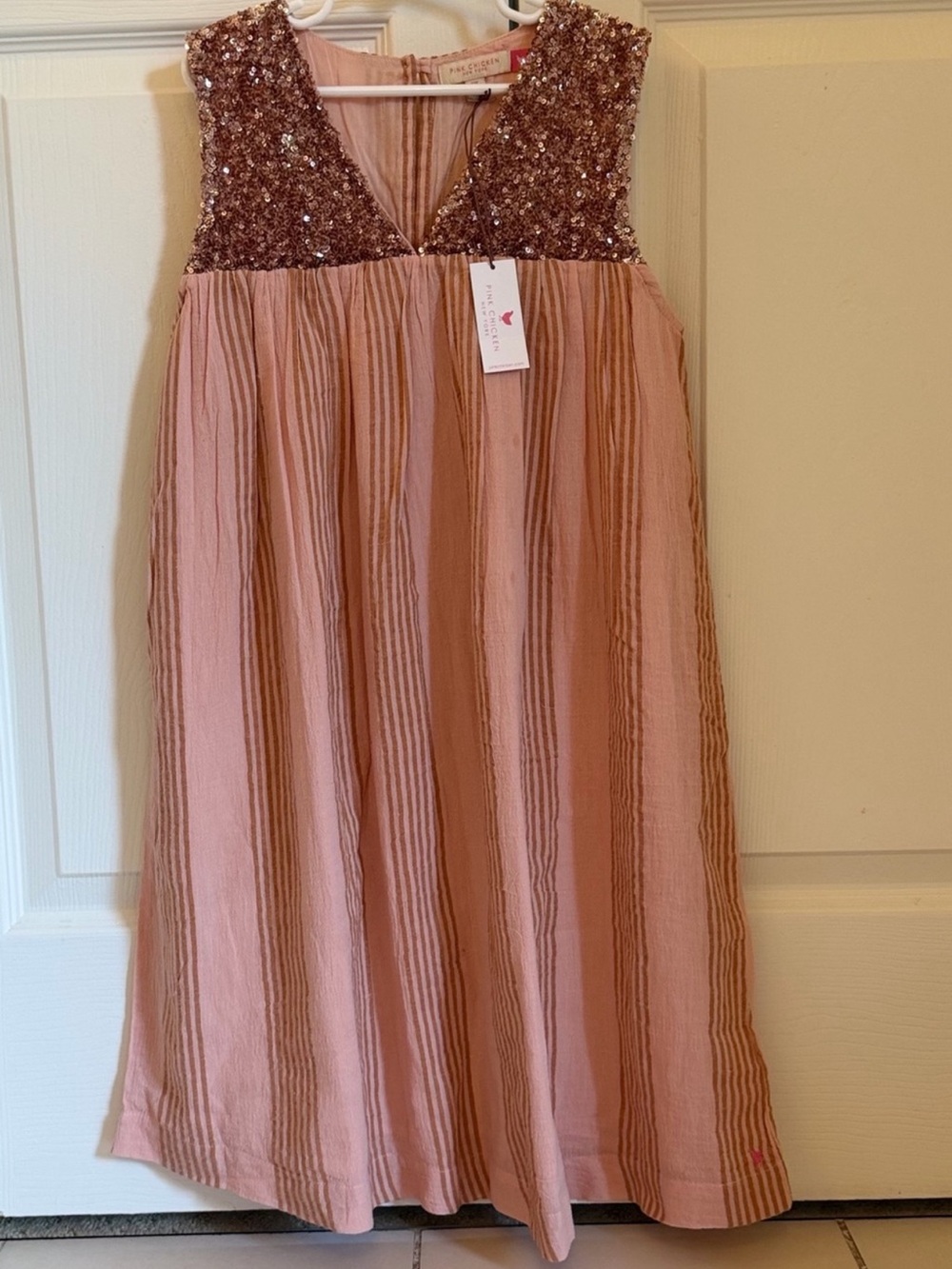NWT Pink Chicken Girls' mellow rose Courtney dress column stripe Sequin 14